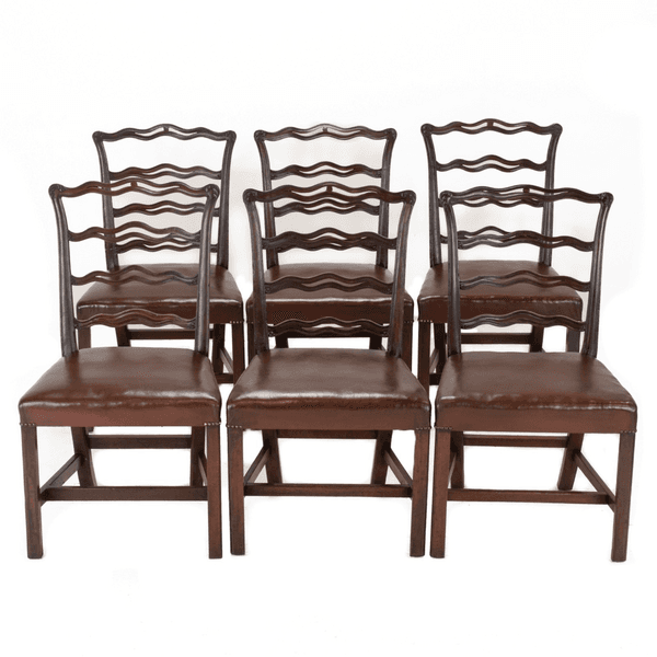 Set Of 6 Late 19th Century Mahogany Chippendale Revival Ladderback Dining Chairs With Leather Seats, C.1870–1890 (Victorian)