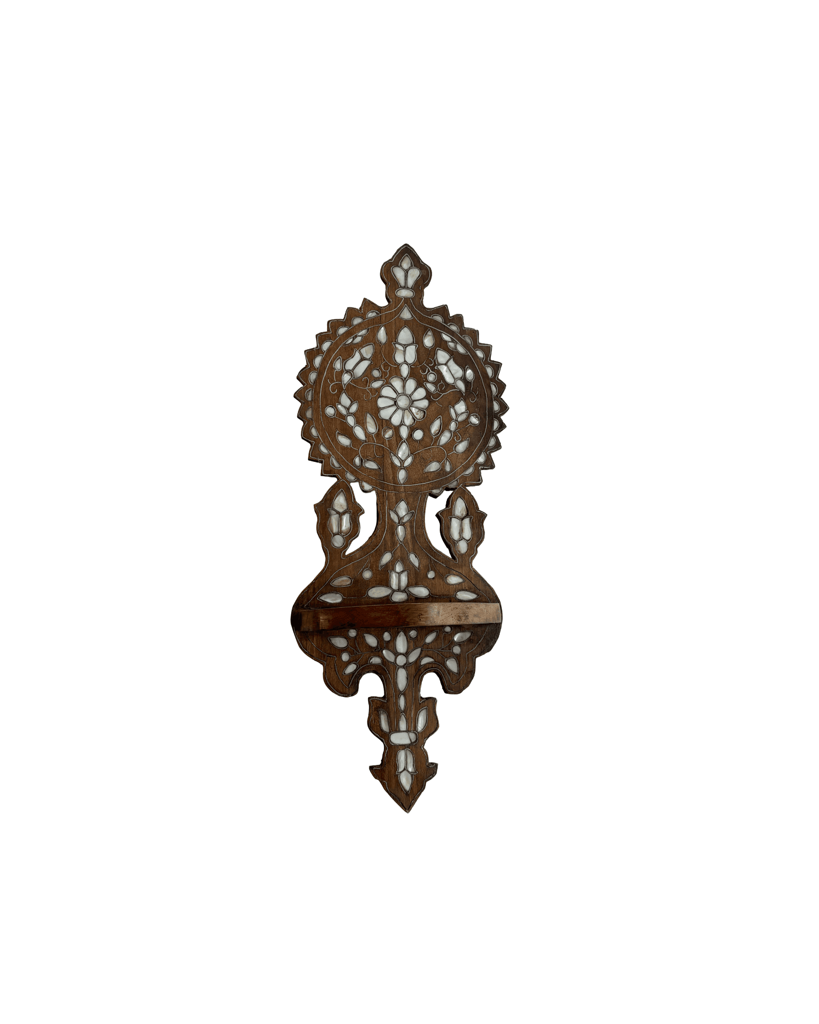 Vintage Syrian Mother-of-Pearl Inlaid Wall Shelf in Carved Hardwood