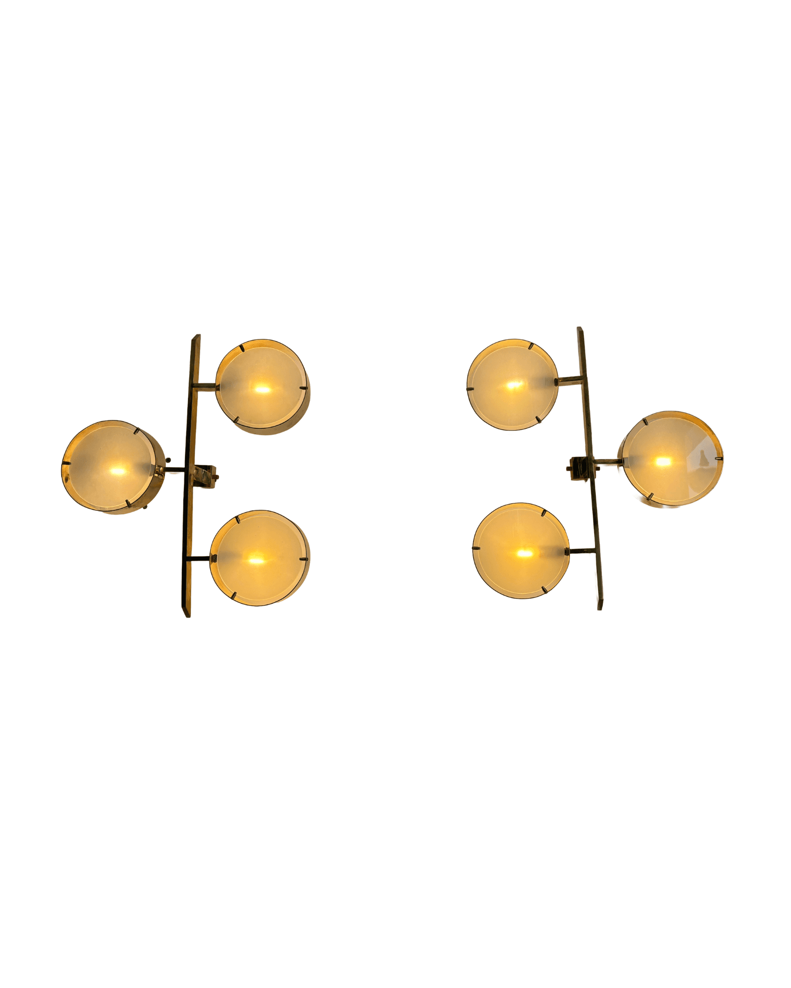 Pair of Italian Brass & Frosted Glass Three-Light Wall Sconces, in the Style of Angelo Lelii, 1970s